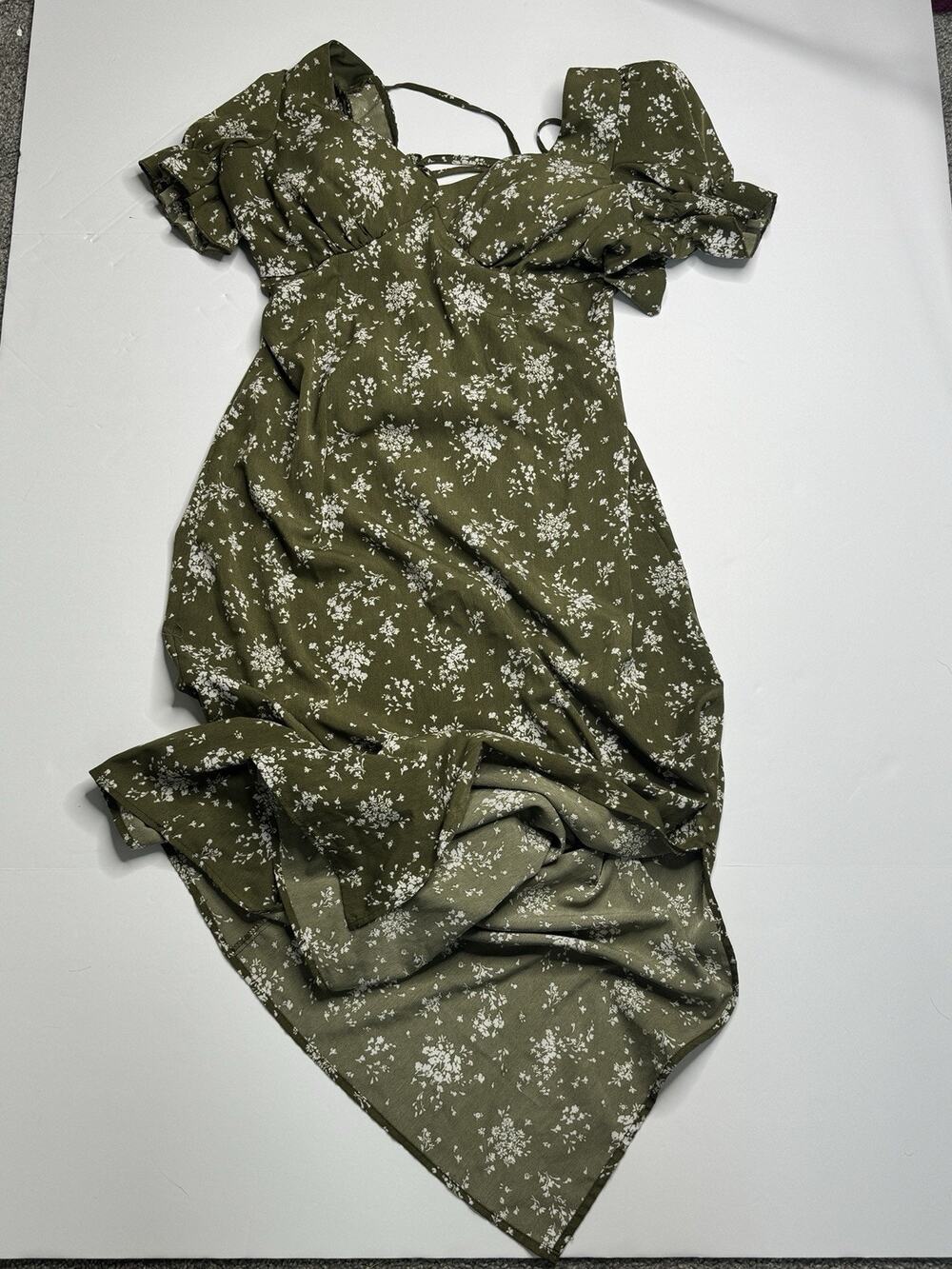 Inspired Hearts Womens L Olive Green Floral Maxi Dress Puff Sleeve Open Back